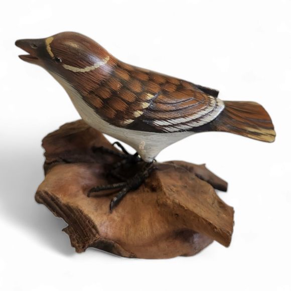 vintage Hand painted wood Sparrow on driftwood 4" Brown and Cream Figurine
